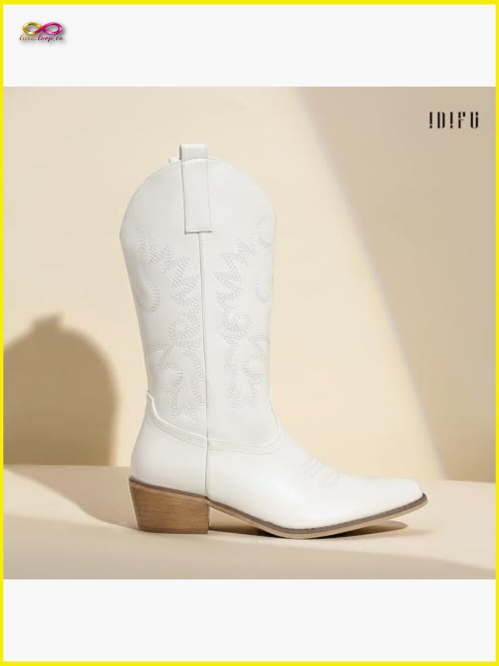 Western Embroidered Chunky Low Heel Pointed Toe Mid Calf Cowgirl Booties Boots - Picture 6 of 7